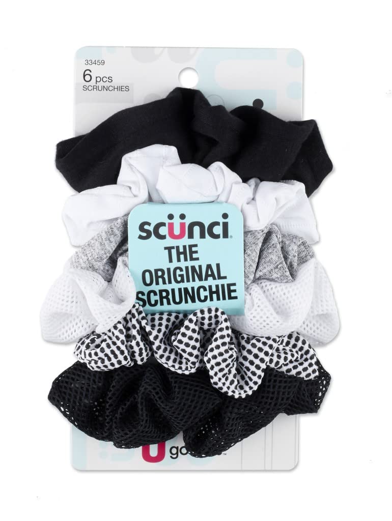Scunci scrunchies 6-pack front view showing black gray white for versatile styling