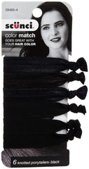 Scunci front packaging showing black knot ponytailers and compact carry benefit