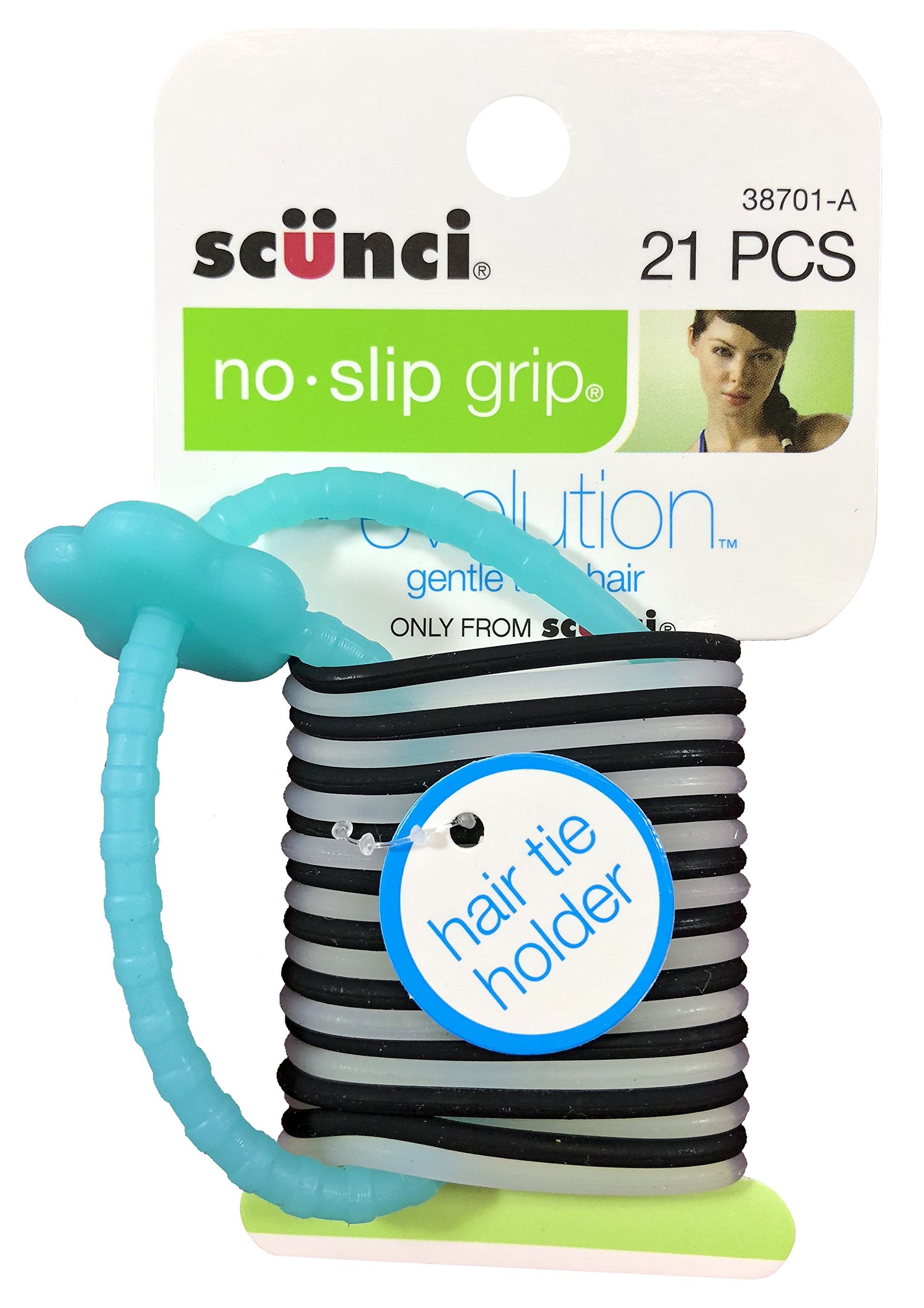 Scunci front packaging showing 21-piece ponytailers and portable convenience