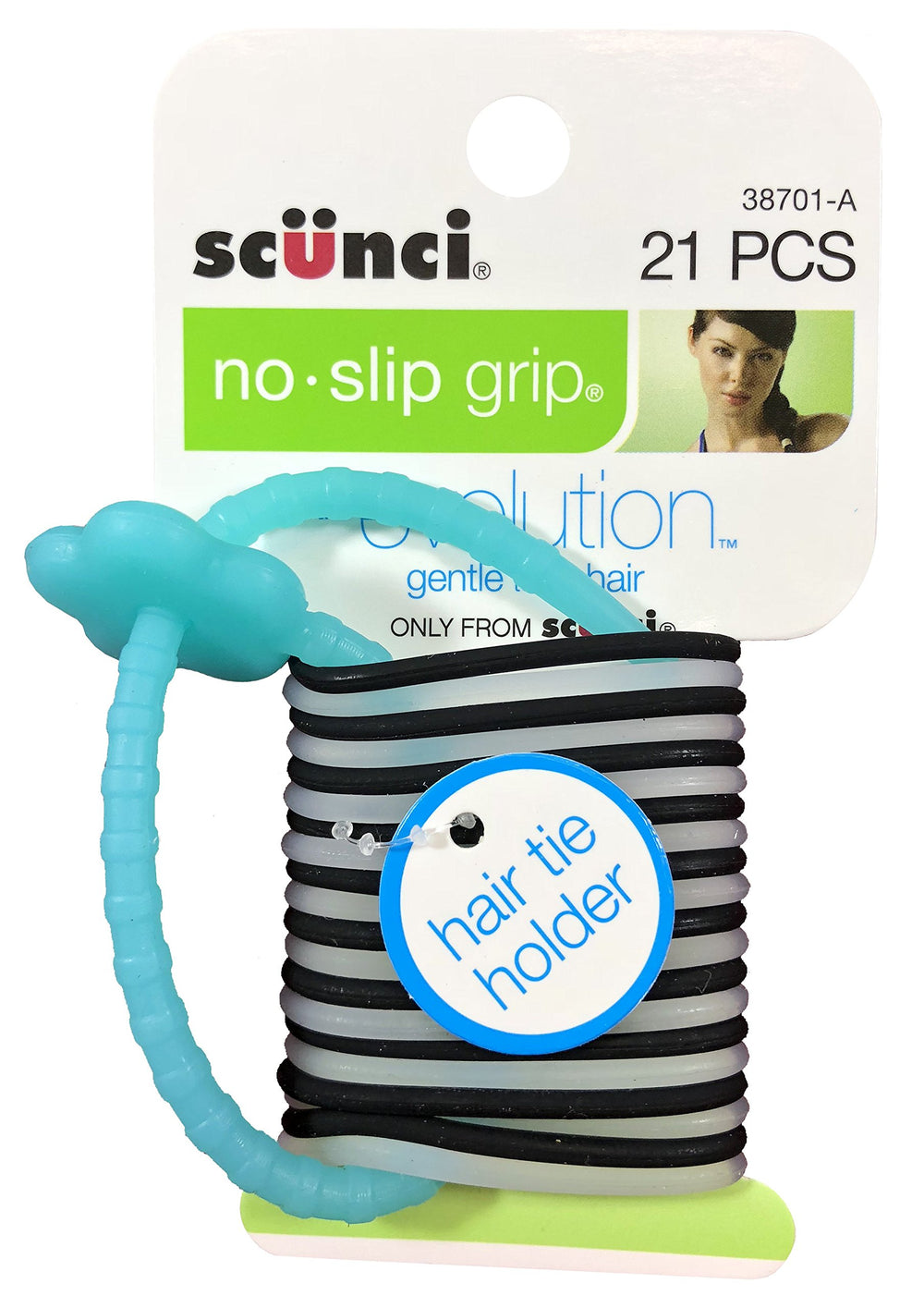 Scunci front packaging showing 21-piece ponytailers and portable convenience