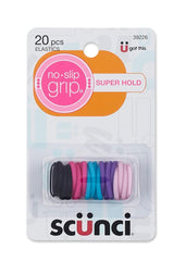 Scunci front packaging showing 20 mini ponytailers and clear benefit of secure hold