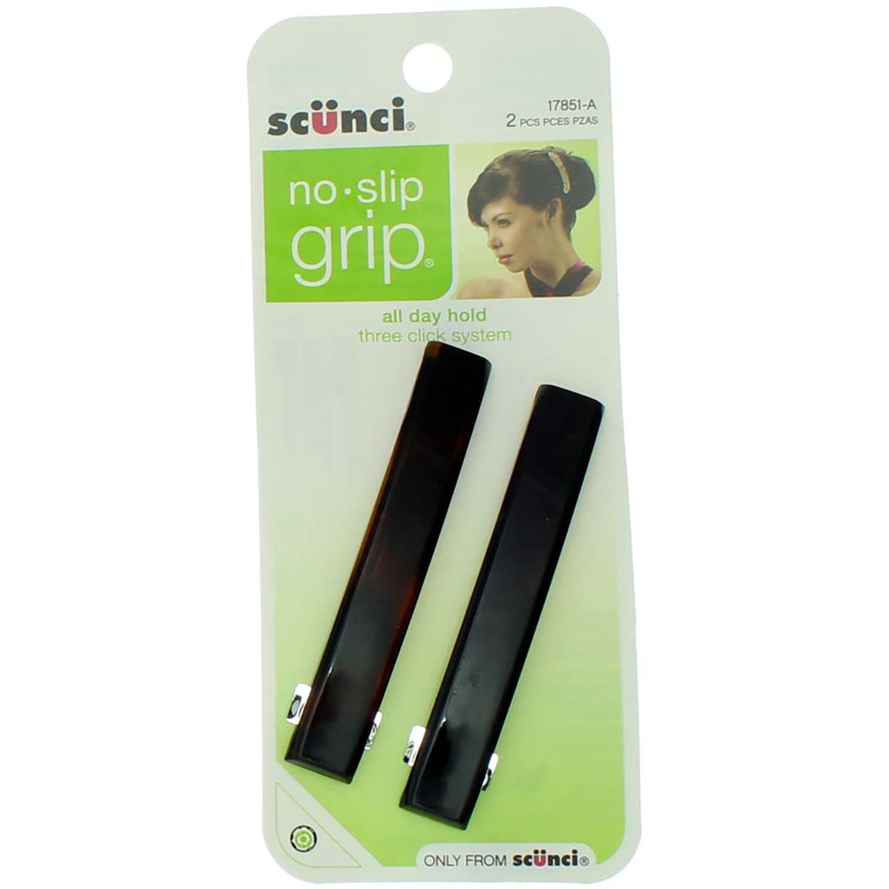 Scunci front packaging showing six no-slip grip barrettes with neutral tortoise color and convenience