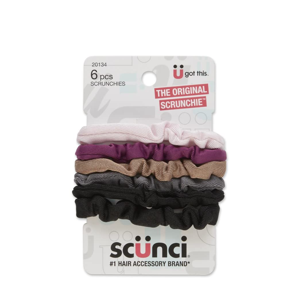 Scunci front packaging showing six assorted comfy scrunchies for versatile wear