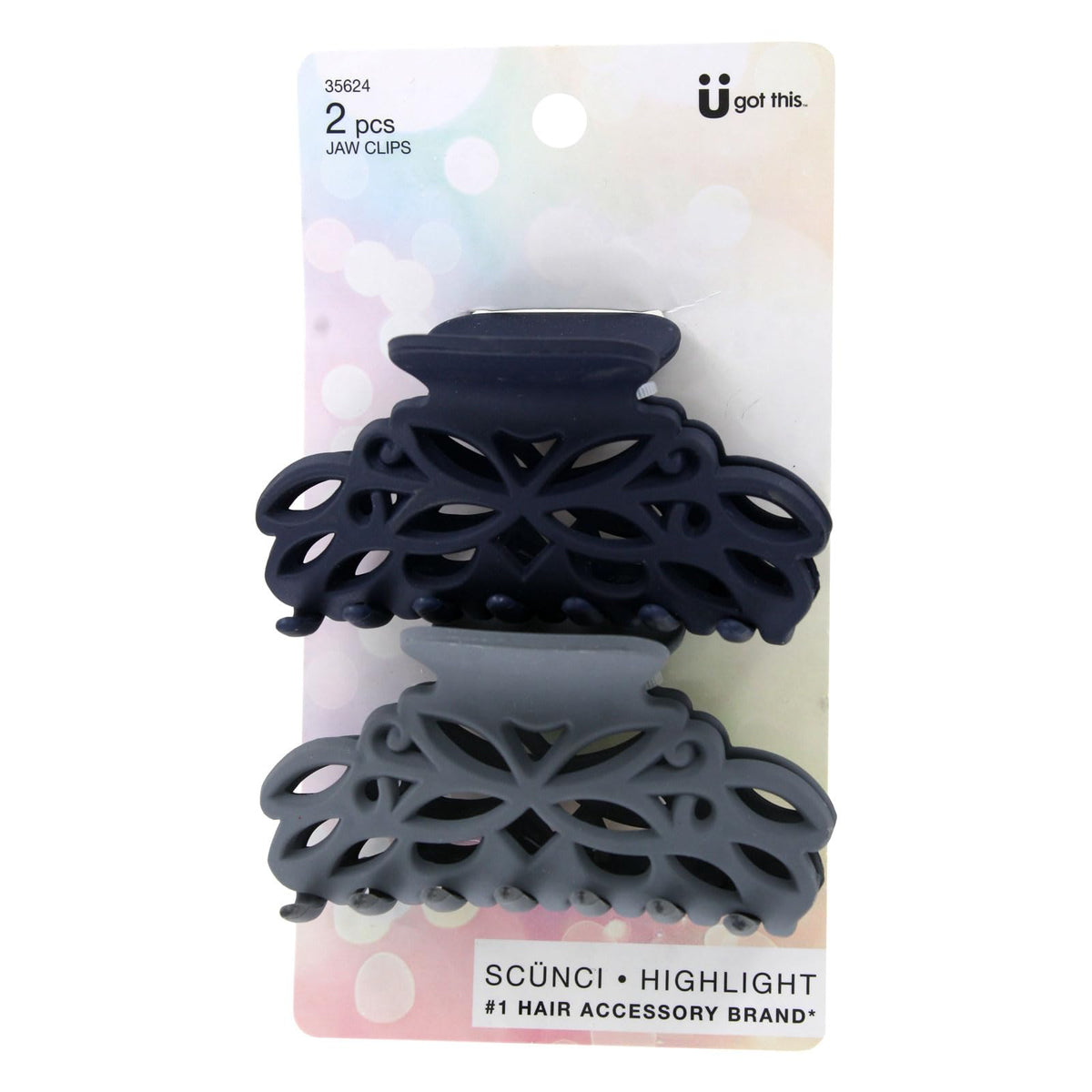 Scunci jaw clip front view showing matte finish and stylish pattern for secure hold