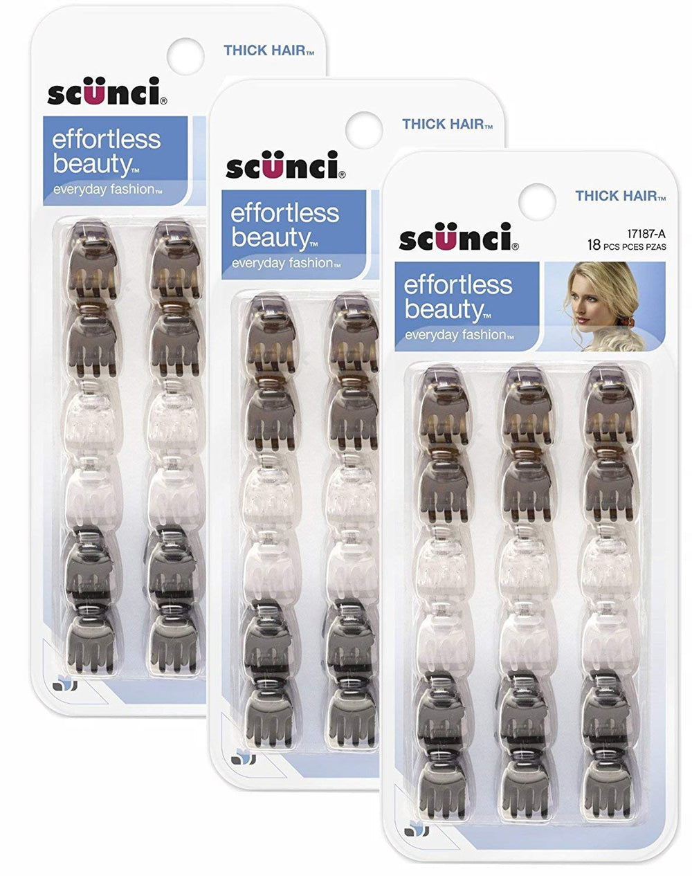 Scunci mini jaw clip pack front showing neutral colors and secure grip