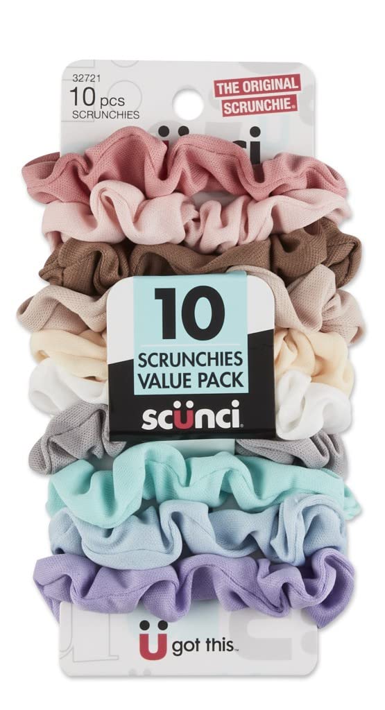 Scunci scrunchies front packaging showing 10 assorted colors and value pack benefit