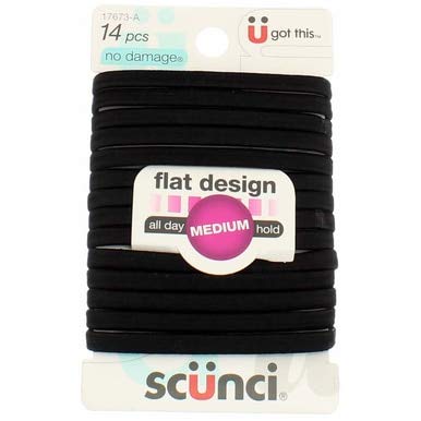 Scunci ties next to a ruler showing size and flexible stretch benefit