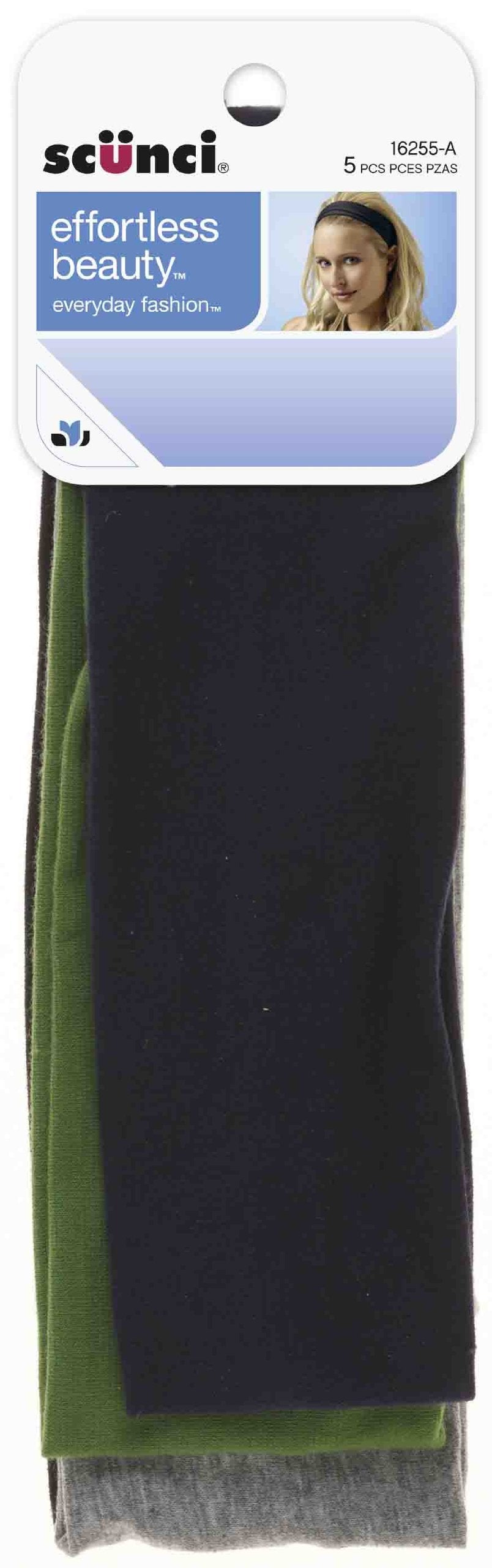 Scunci headwraps front-packaging showing five colors and comfortable fit