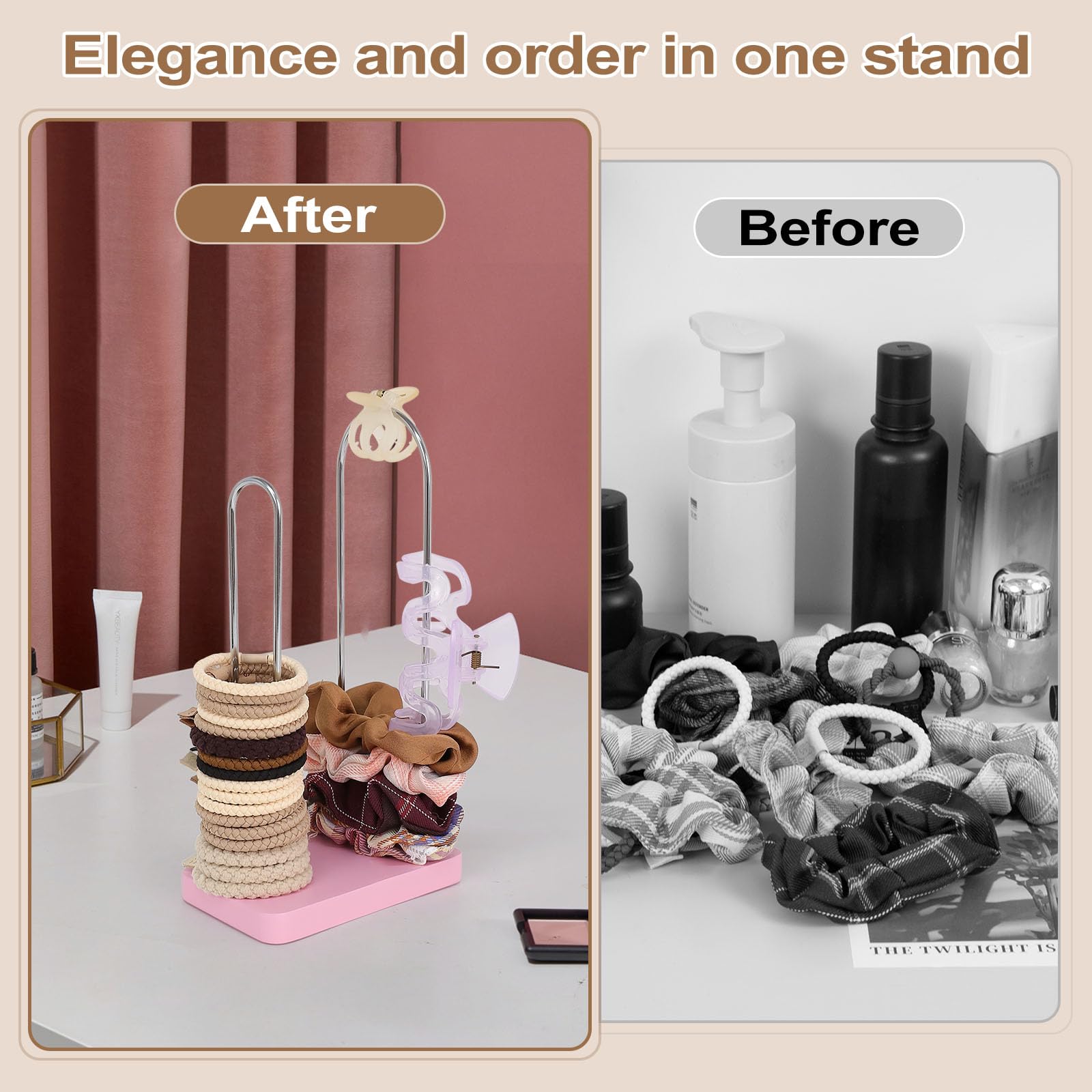 SCUNDA organizer on a vanity in use showing quick access and neat styling benefit