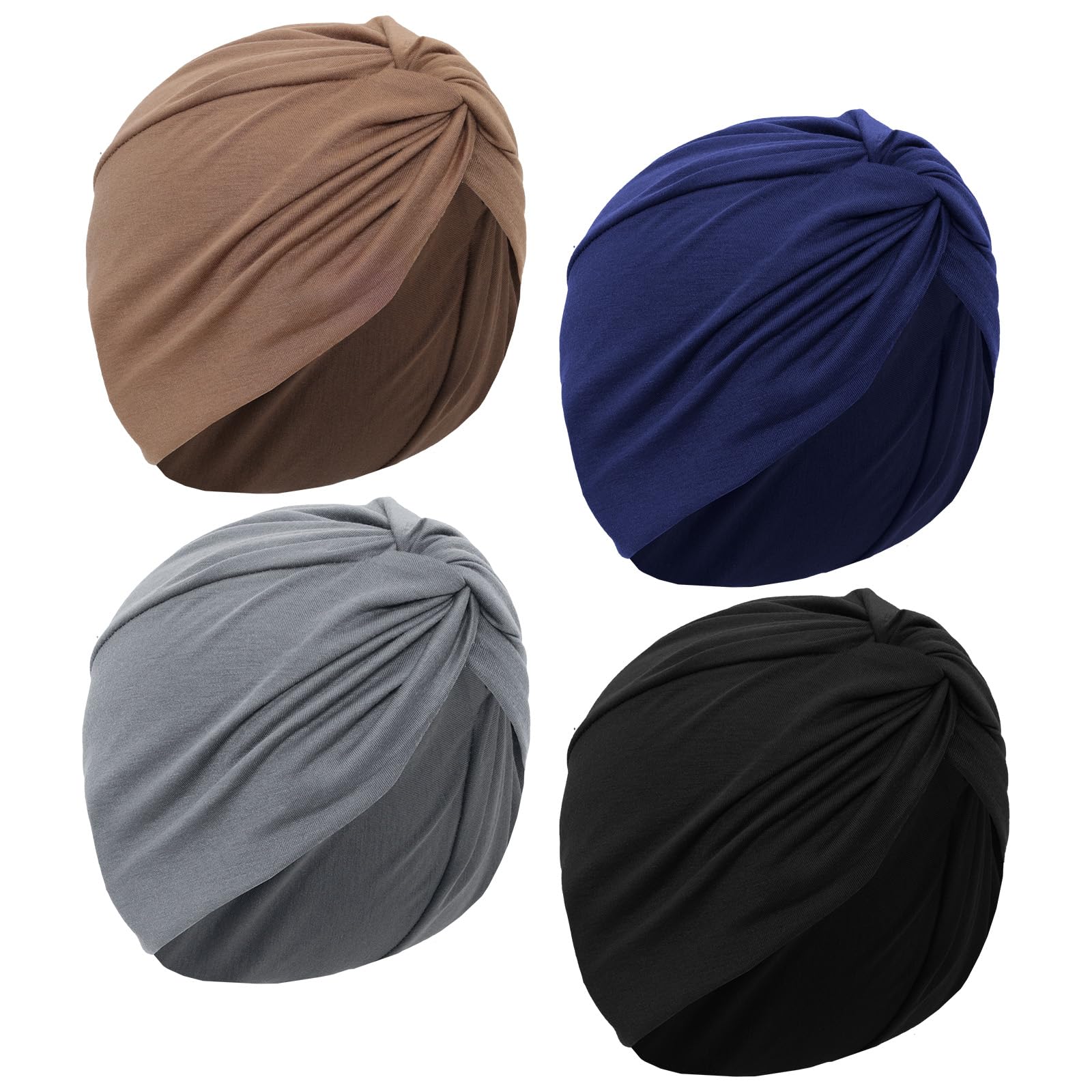 Sdfvsdg front view of four turbans showing color choices and ready-to-wear convenience