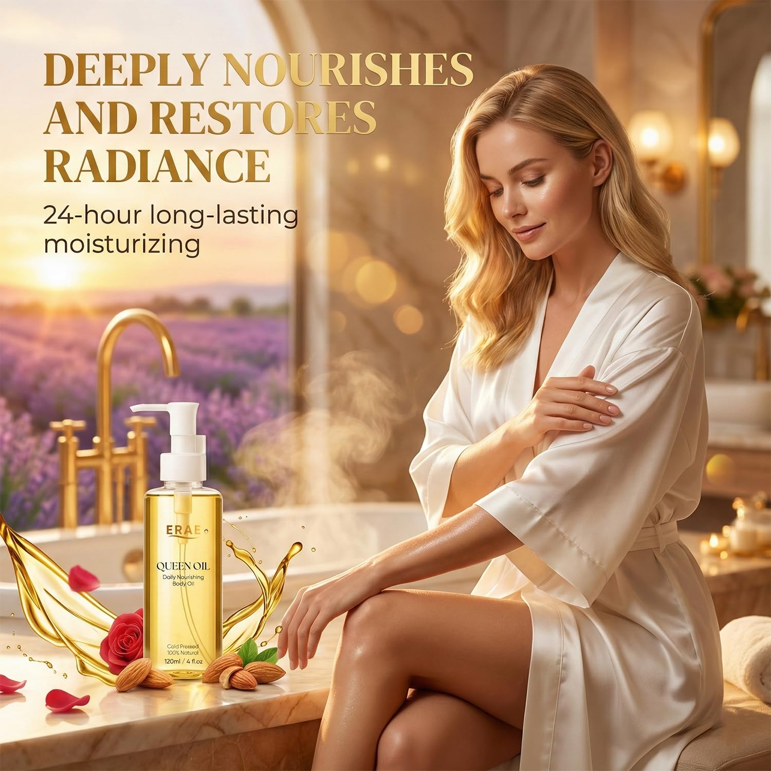 SDUQULK ERAE bottle on vanity with towel suggesting daily self‑care and convenience