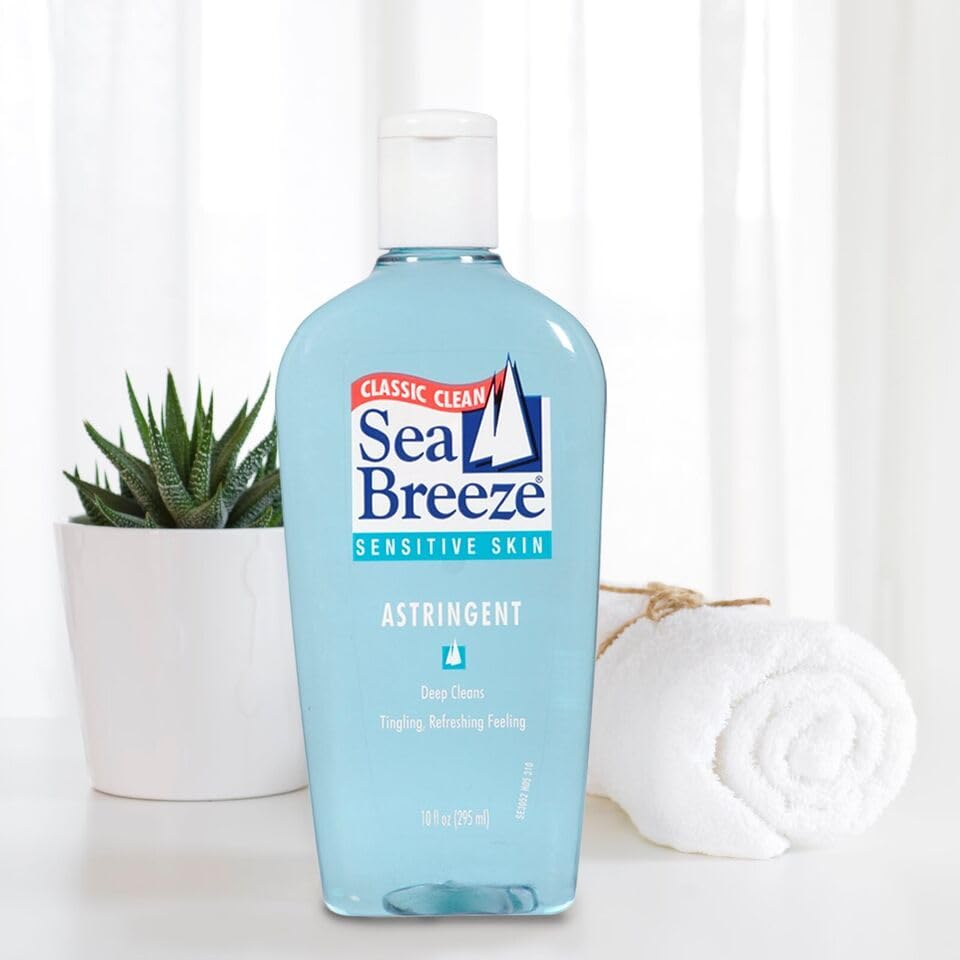 Seabreeze bottle placed on bathroom shelf suggesting daily routine convenience
