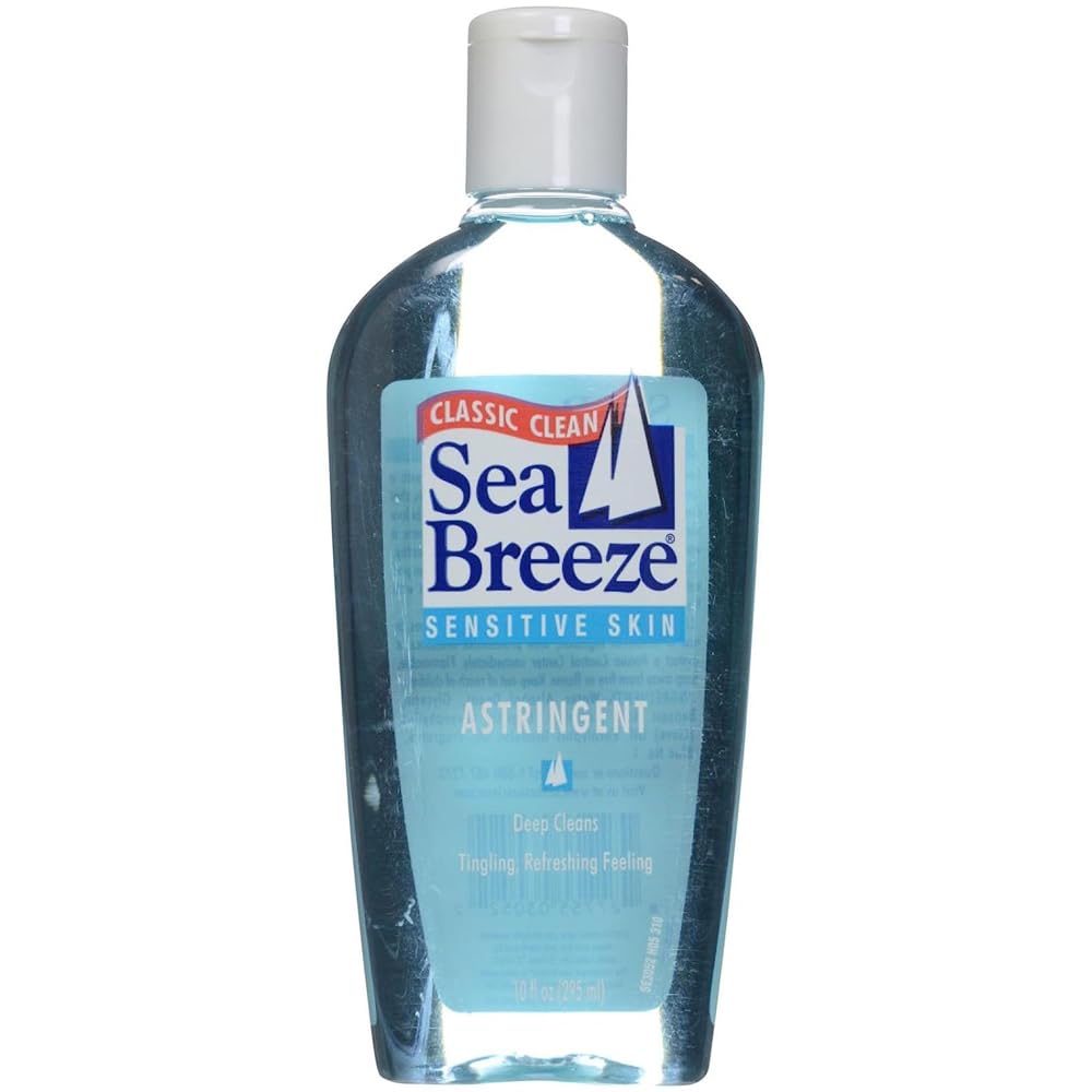 Seabreeze front label showing bottle and benefits for sensitive skin