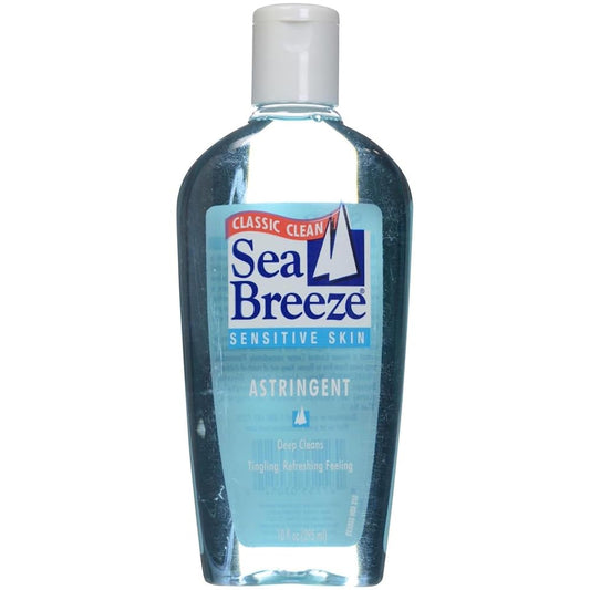 Seabreeze front label showing bottle and benefits for sensitive skin