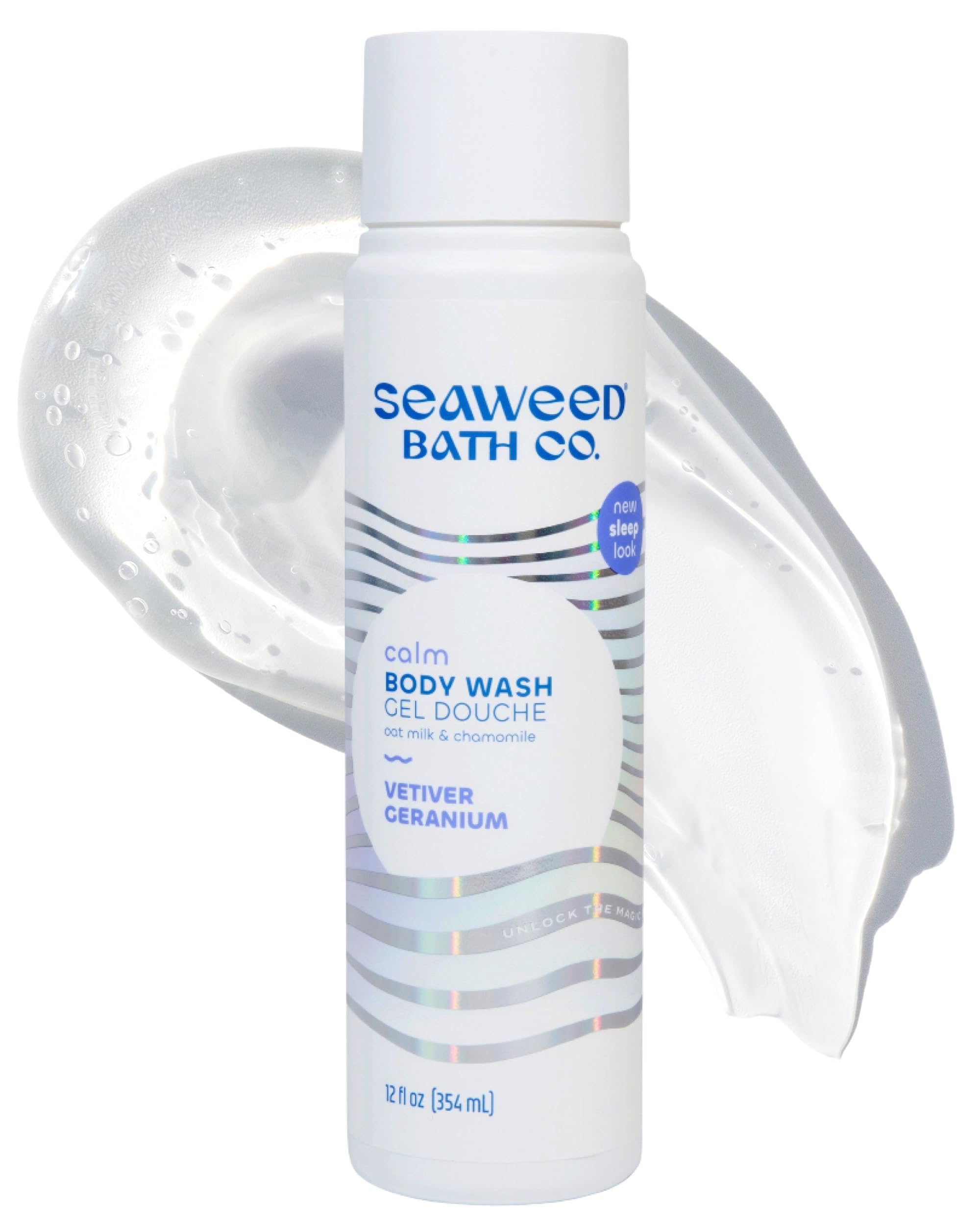 Seaweed Bath Co. front bottle showing calm vetiver geranium label and benefit