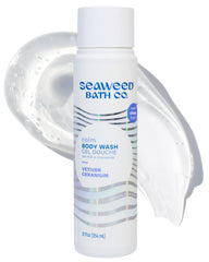 Seaweed Bath Co. front bottle showing calm vetiver geranium label and benefit