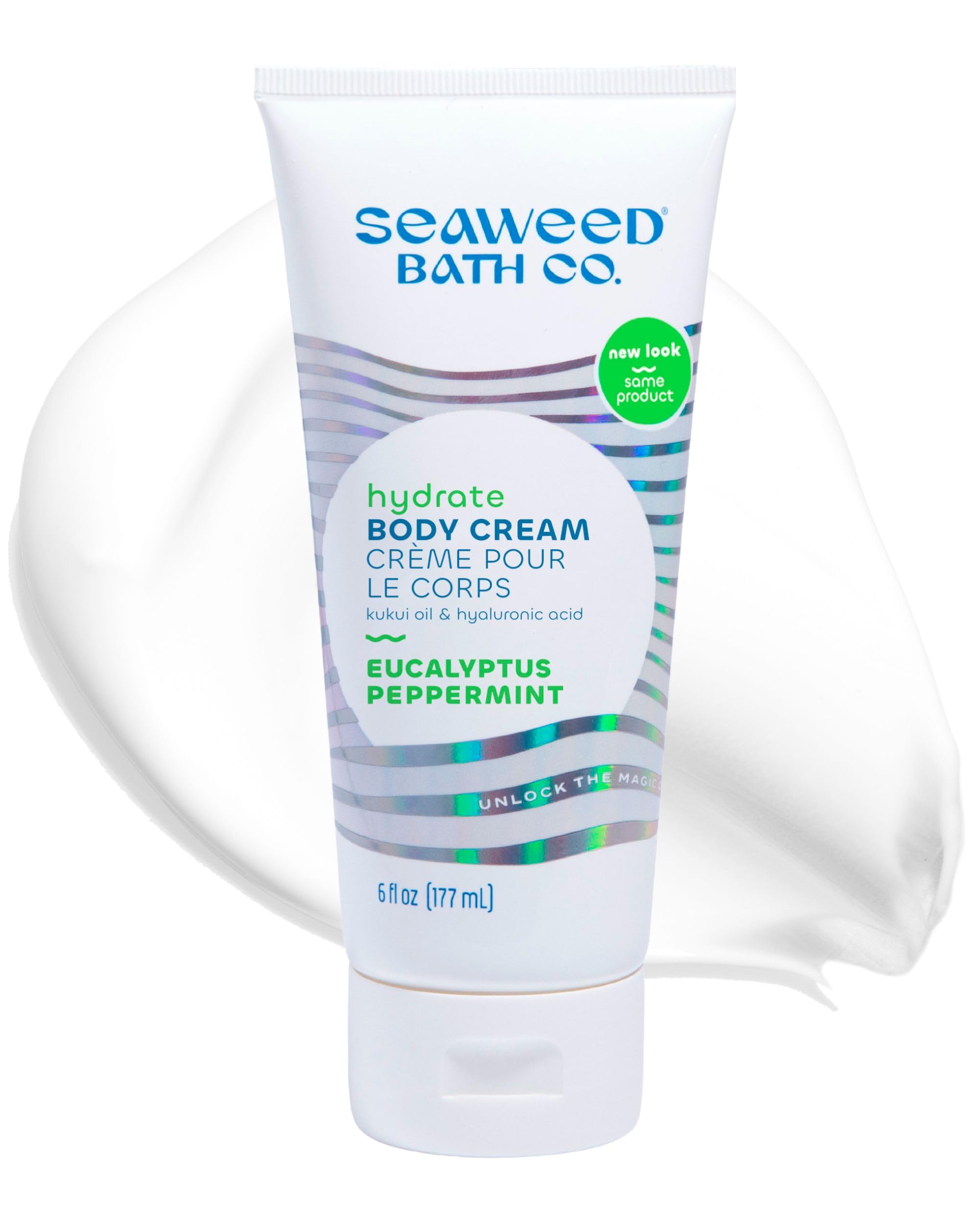 Seaweed Bath Co. front view of 6 oz cream showing packaging and aroma benefits