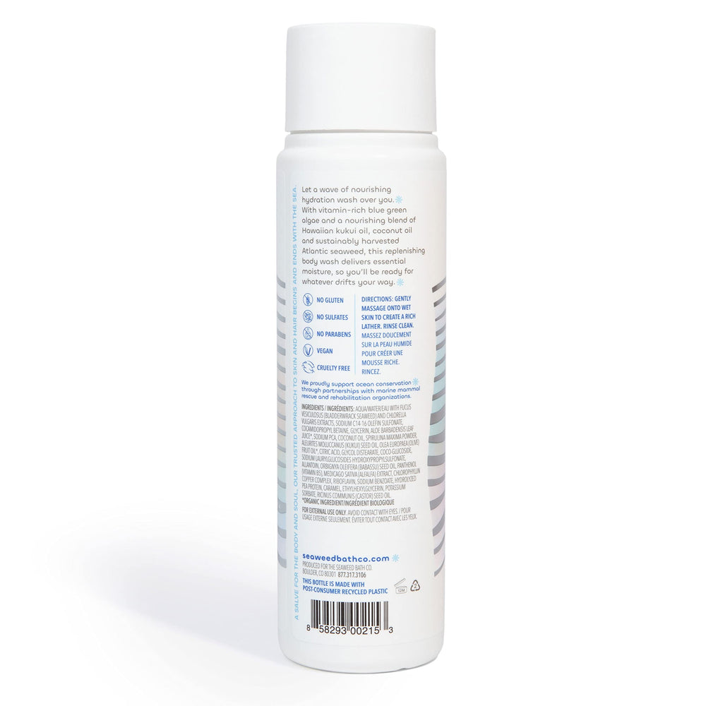 Seaweed Bath Co. Hydrate recycled packaging label emphasizing eco-friendly bottle