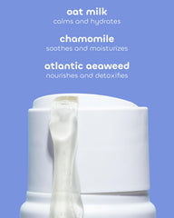 Seaweed Bath Co. label close-up highlighting seaweed and oat milk benefits