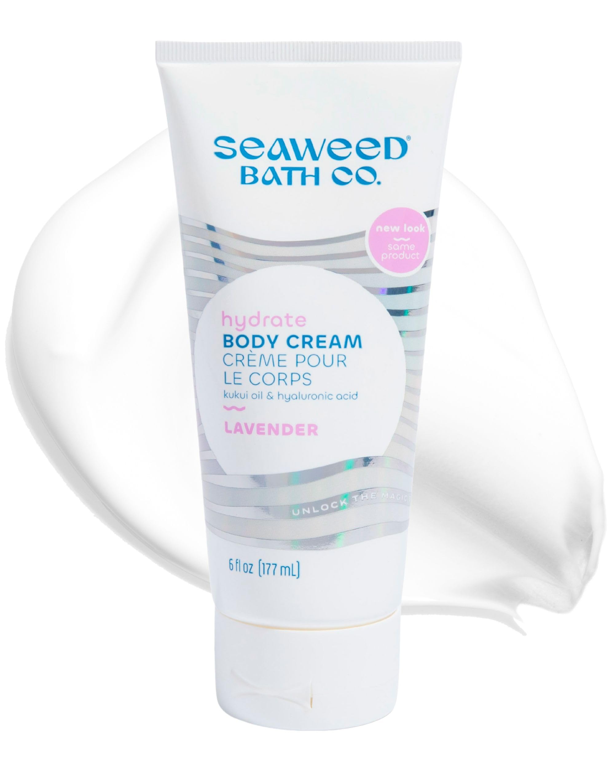 Seaweed Bath Co. jar front view showing lavender cream and label benefit