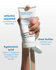 Seaweed Bath Co. applying cream to hands for quick absorbency benefit