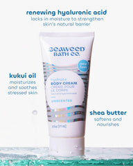 Seaweed Bath Co pump dispensing cream demonstrating easy application and quick-absorbing benefit