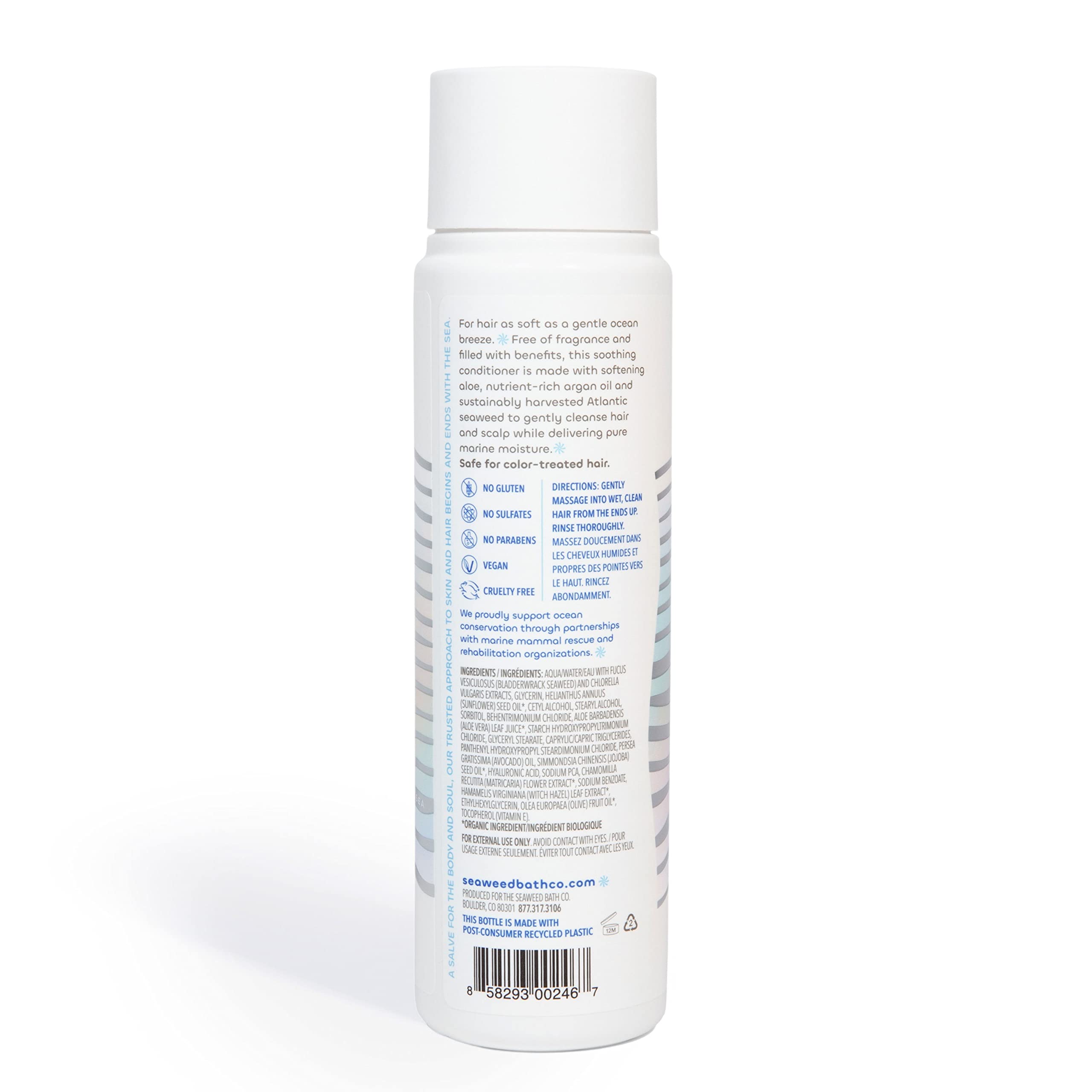 Seaweed Bath Co bottle front showing 50% PCR recycled plastic label and eco benefit
