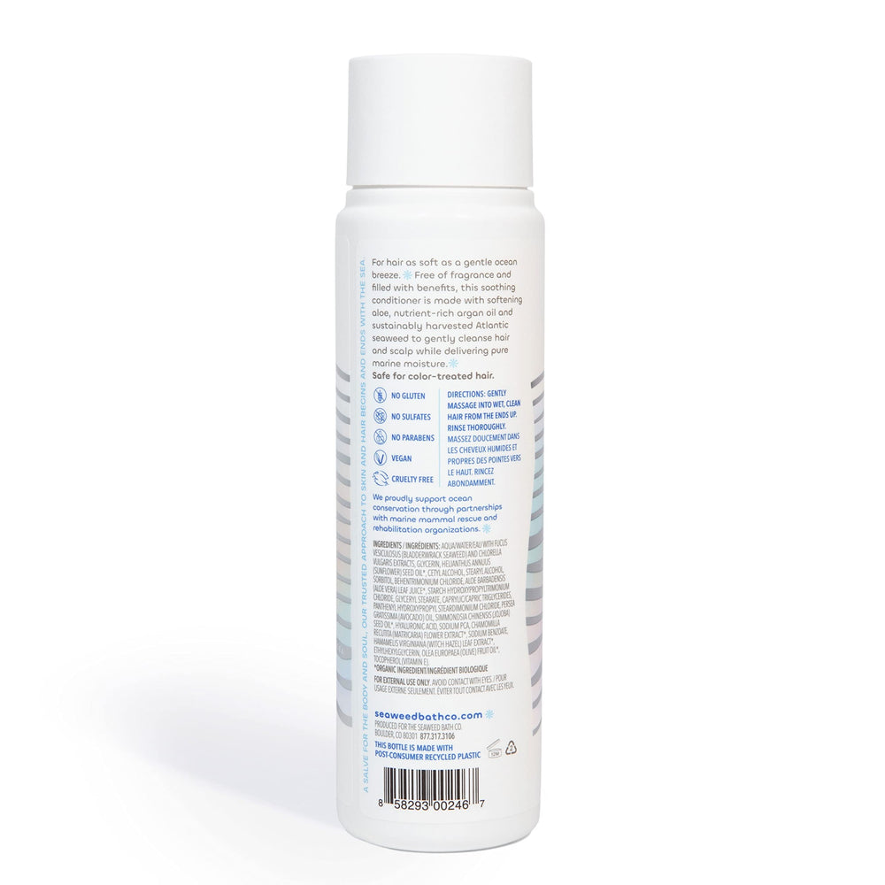 Seaweed Bath Co bottle front showing 50% PCR recycled plastic label and eco benefit