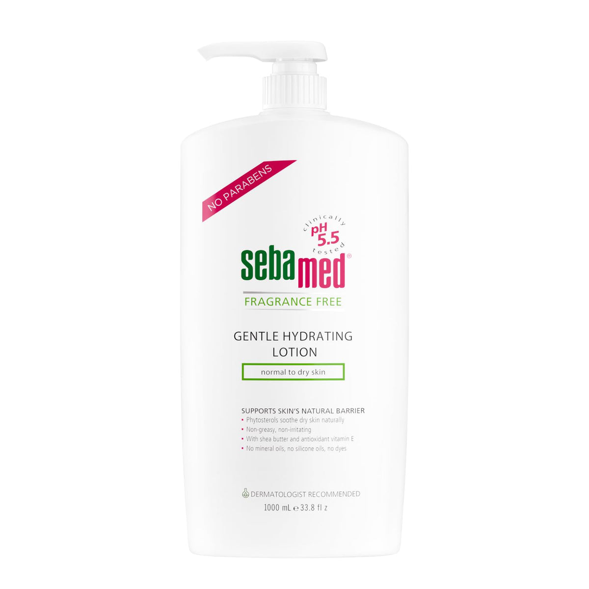 SEBAMED bottle front view showing fragrance-free label and benefit