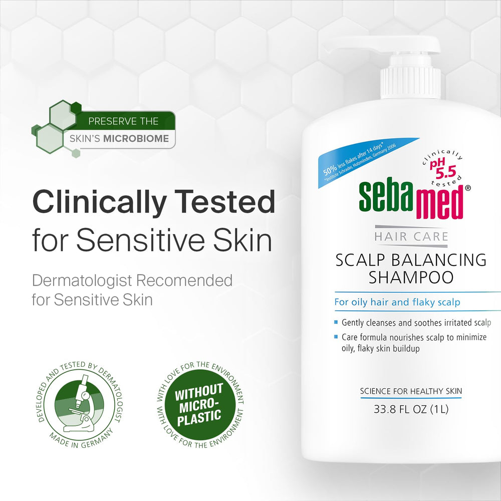SEBAMED bottle in shower scene conveying daily scalp care benefit