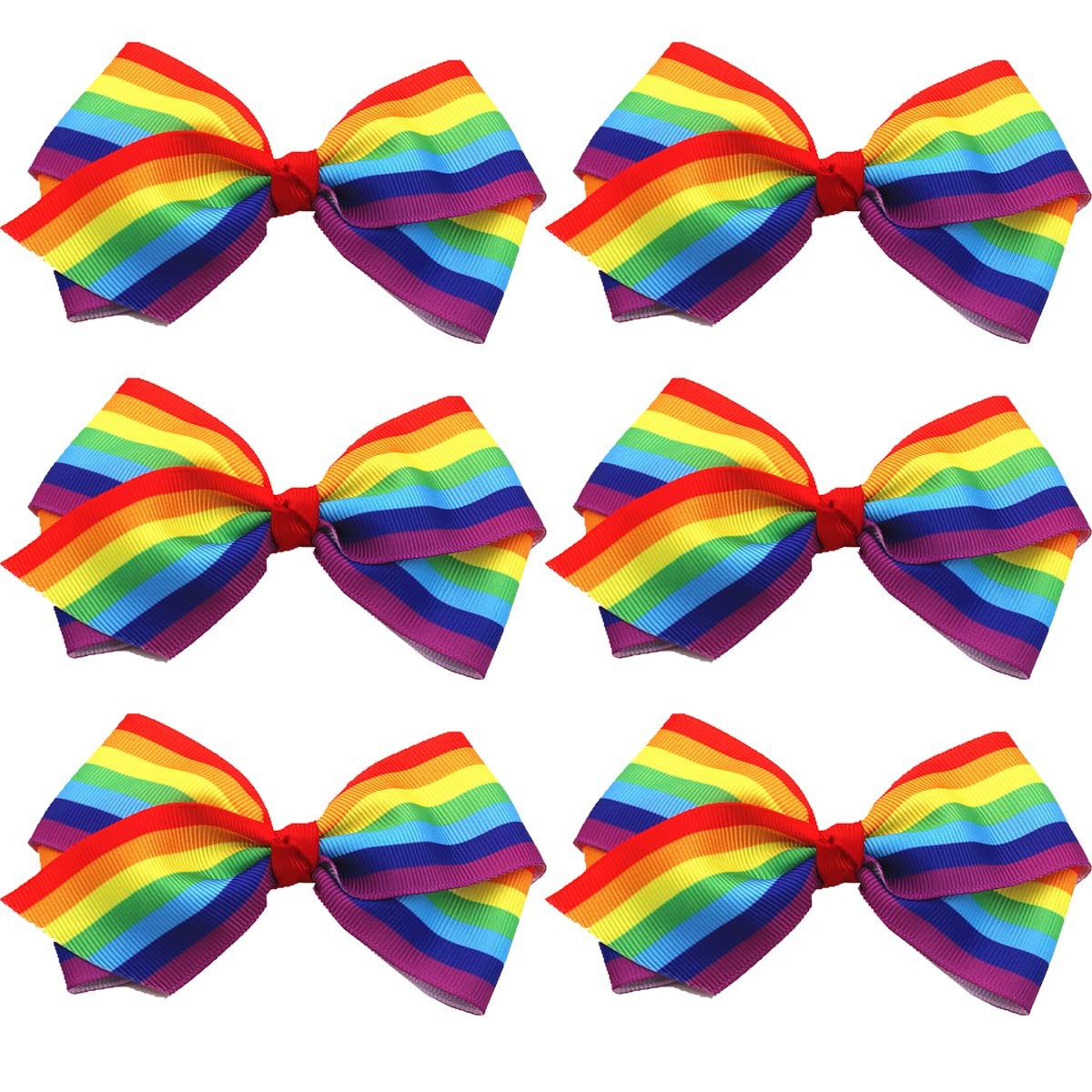 SeBneny front view of six rainbow bow hair clips showing colorful set and gift-ready look