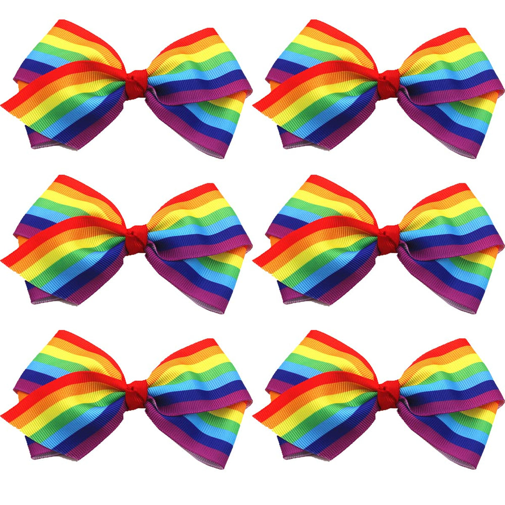 SeBneny front view of six rainbow bow hair clips showing colorful set and gift-ready look