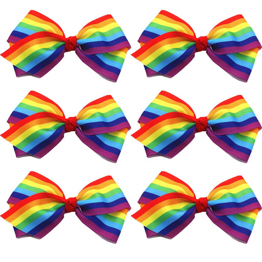 SeBneny front view of six rainbow bow hair clips showing colorful set and gift-ready look