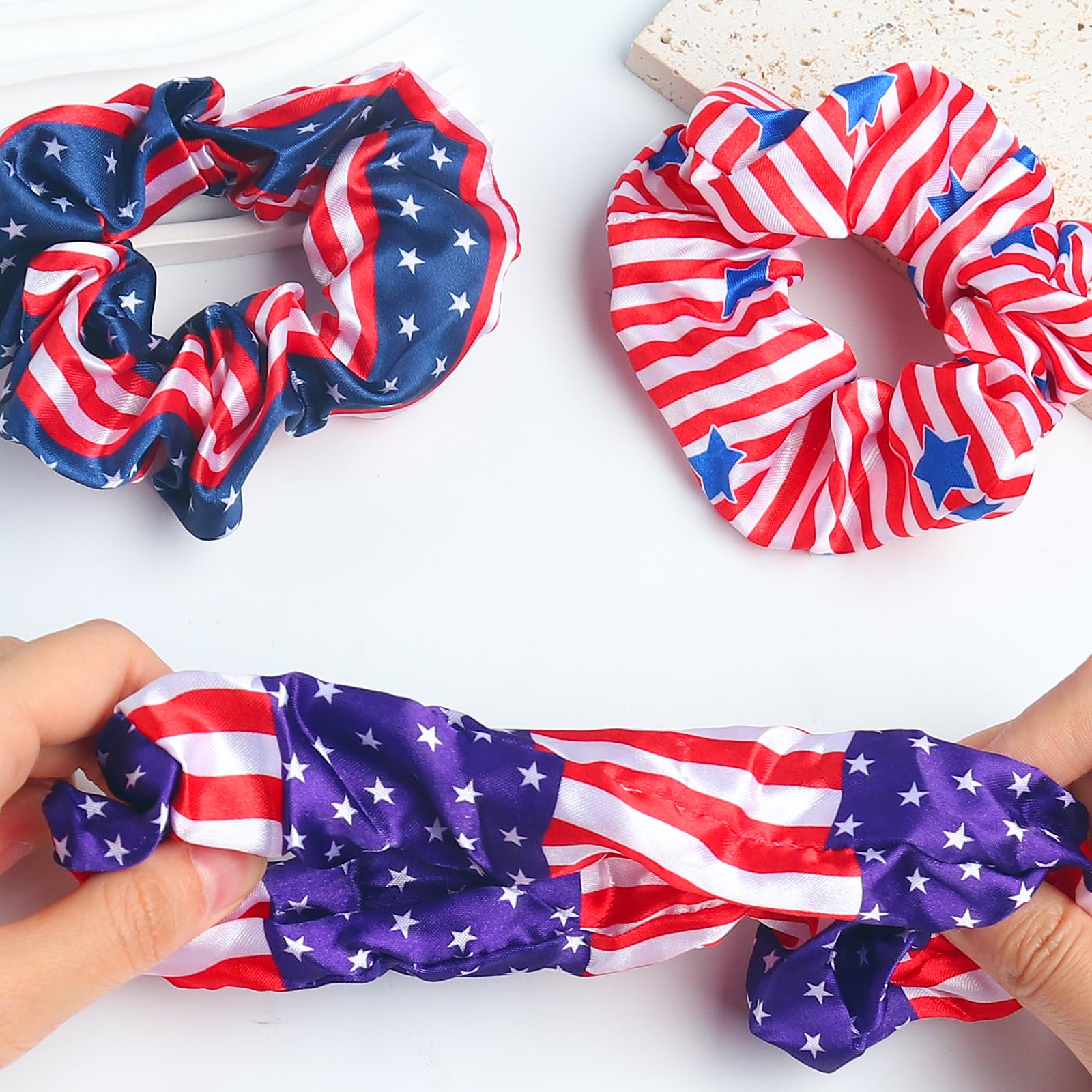 SeBneny scrunchies worn at a summer party adding festive red white blue flair