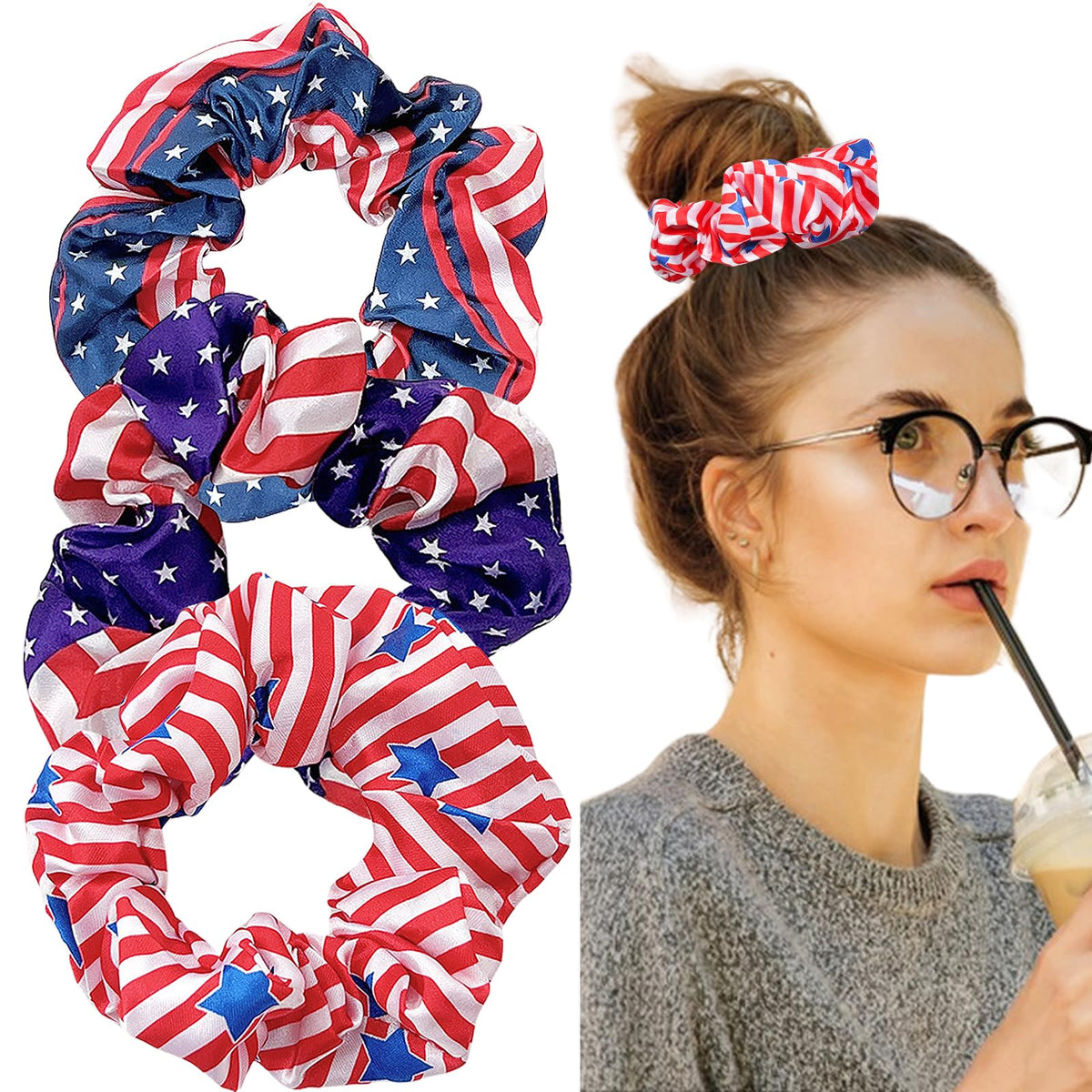 SeBneny front packaging showing three patriotic scrunchies and clear trio benefit