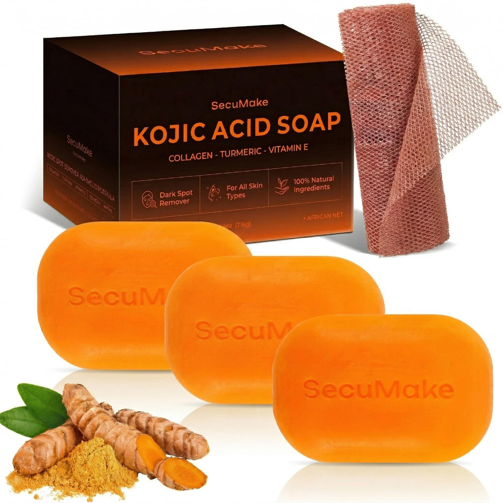 SecuMake front packaging showing three soap bars and sponge, clear product display benefit