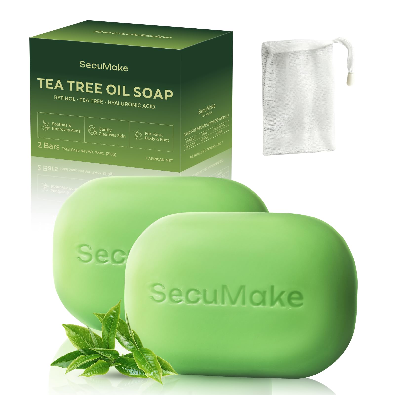 SecuMake front packaging showing two antifungal tea tree bars and net, clear labeling benefits