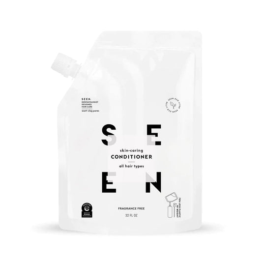SEEN eco-refill front bottle showing label and fragrance-free benefit