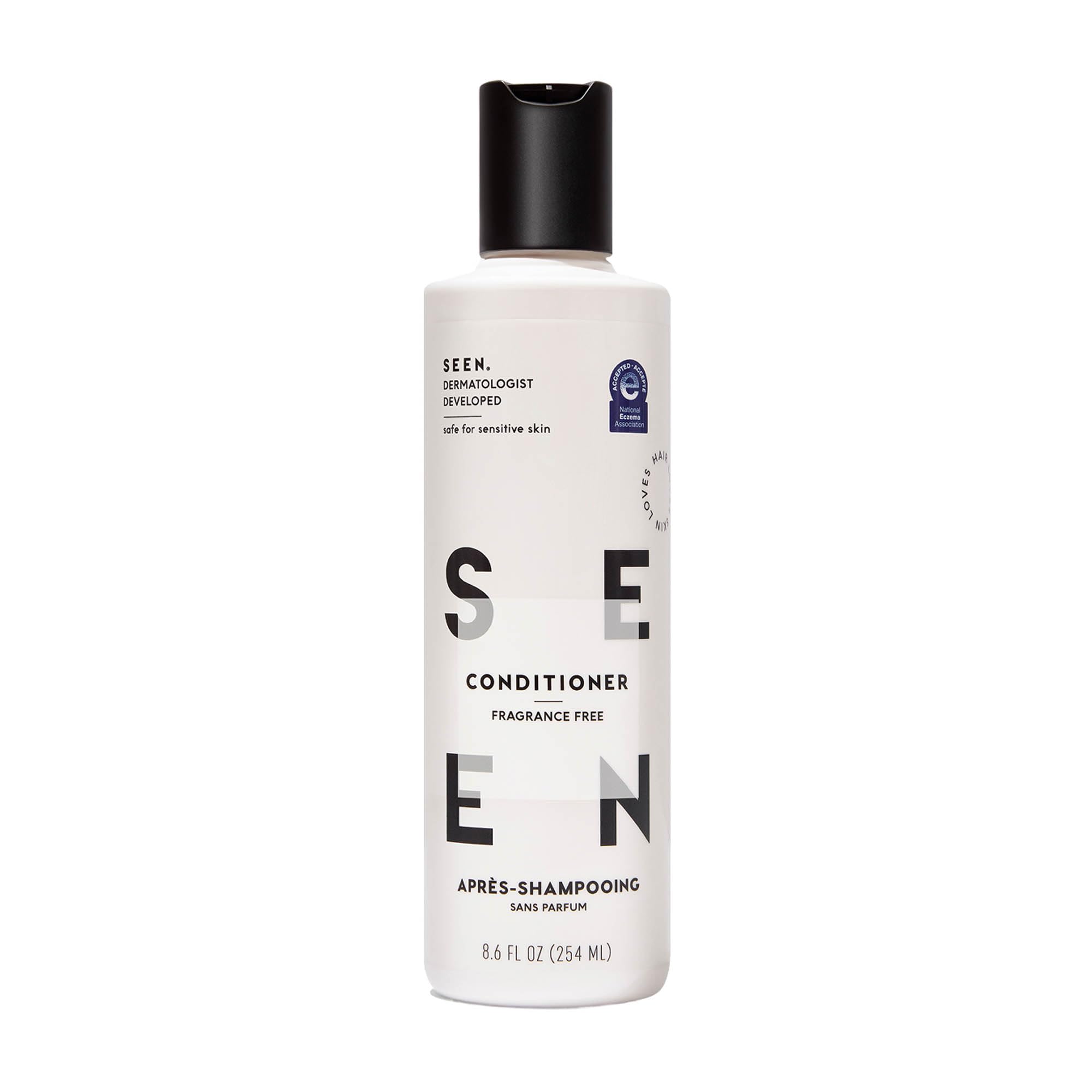 SEEN conditioner front bottle showing clean label and fragrance-free benefit