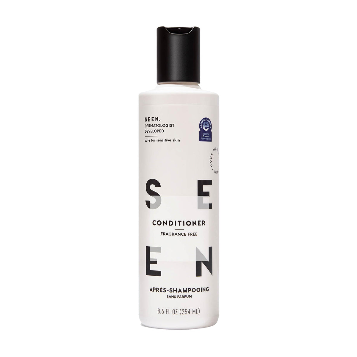 SEEN conditioner front bottle showing clean label and fragrance-free benefit