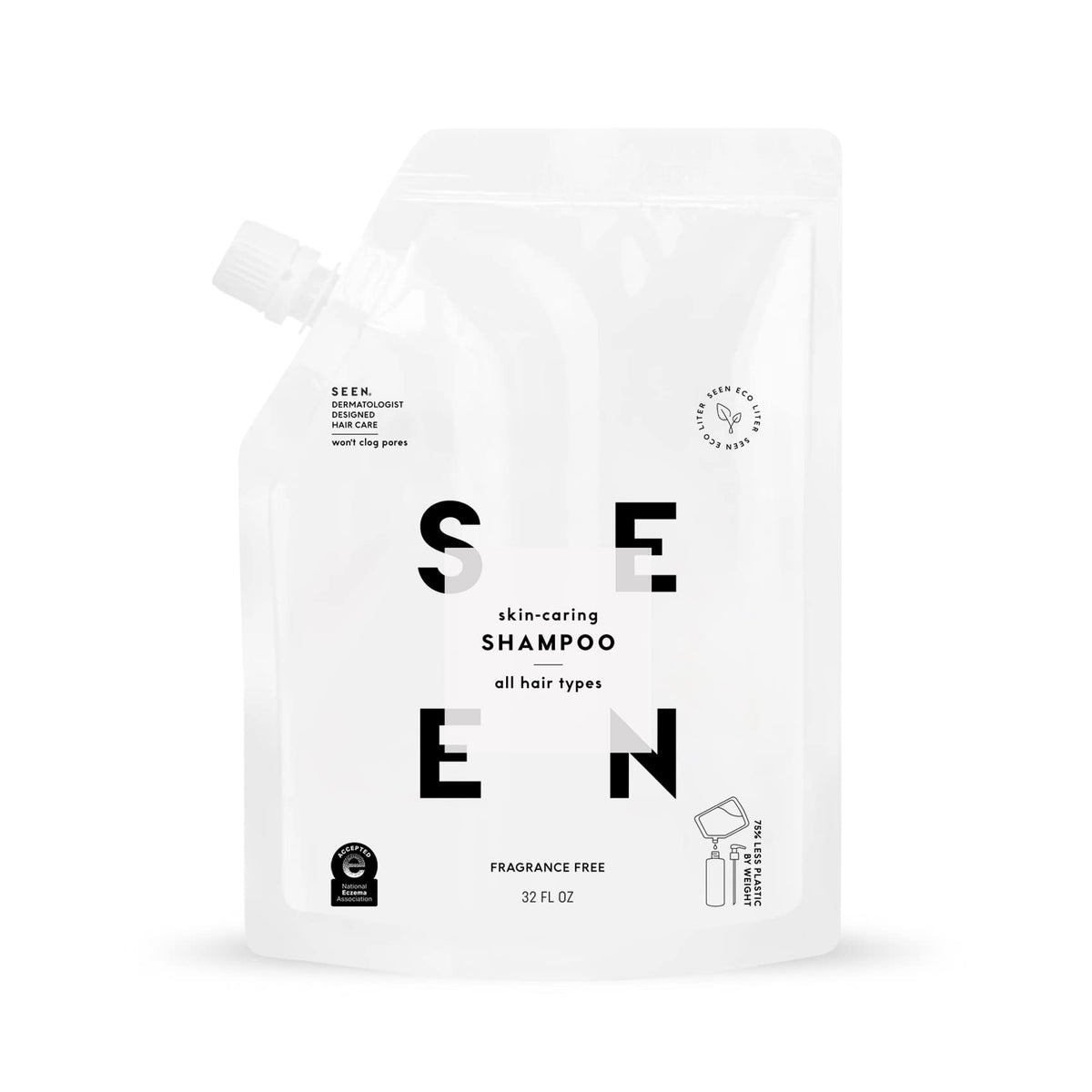 SEEN eco-refill bottle front showing label and sustainable design benefit
