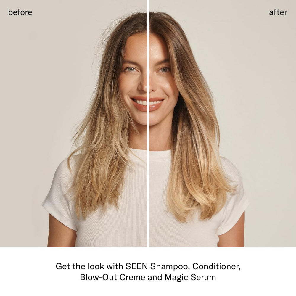 SEEN magic serum applied to damp hair reducing frizz and aiding styling