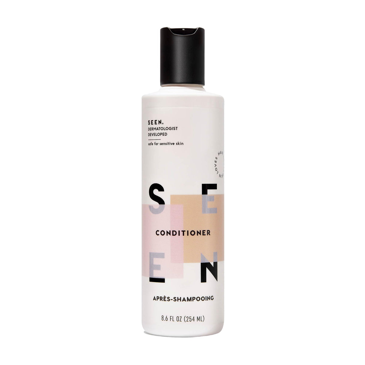 SEEN bottle front packaging showing brand and scent, highlights gentle conditioning