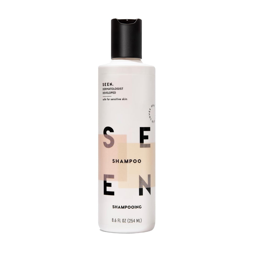 SEEN shampoo bottle front showing scent label and clean design benefits
