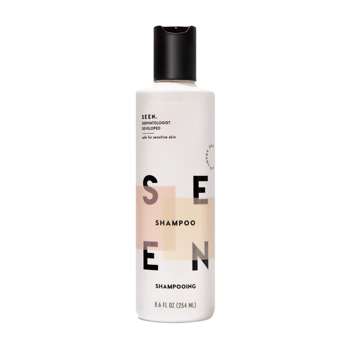 SEEN shampoo bottle front showing scent label and clean design benefits