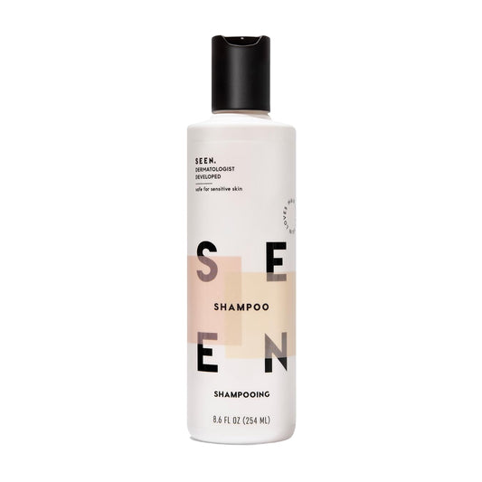 SEEN shampoo bottle front showing scent label and clean design benefits