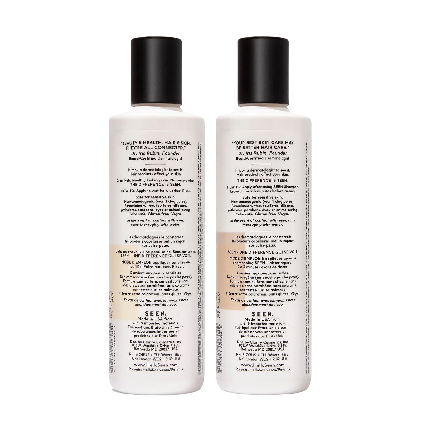 SEEN shampoo label detail highlighting dermatologist-developed formula benefits