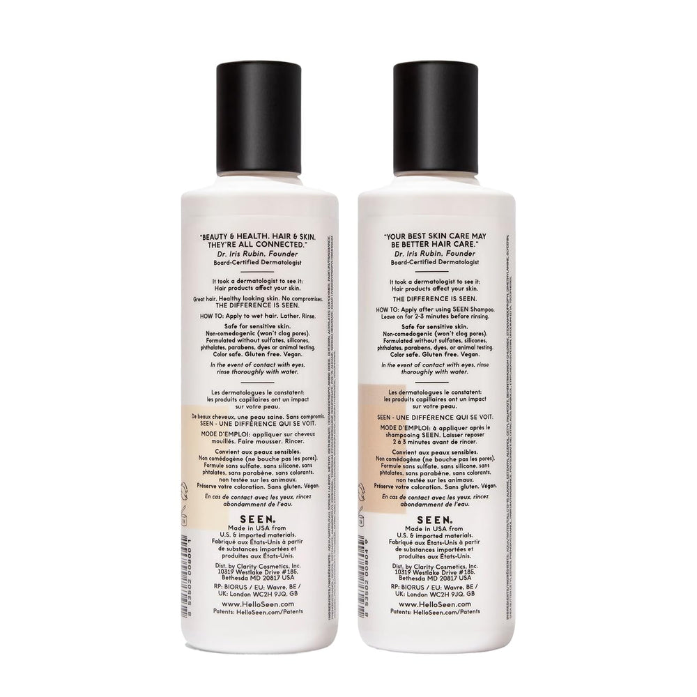 SEEN shampoo label detail highlighting dermatologist-developed formula benefits