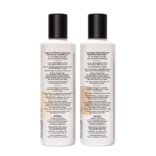 SEEN shampoo label detail highlighting dermatologist-developed formula benefits