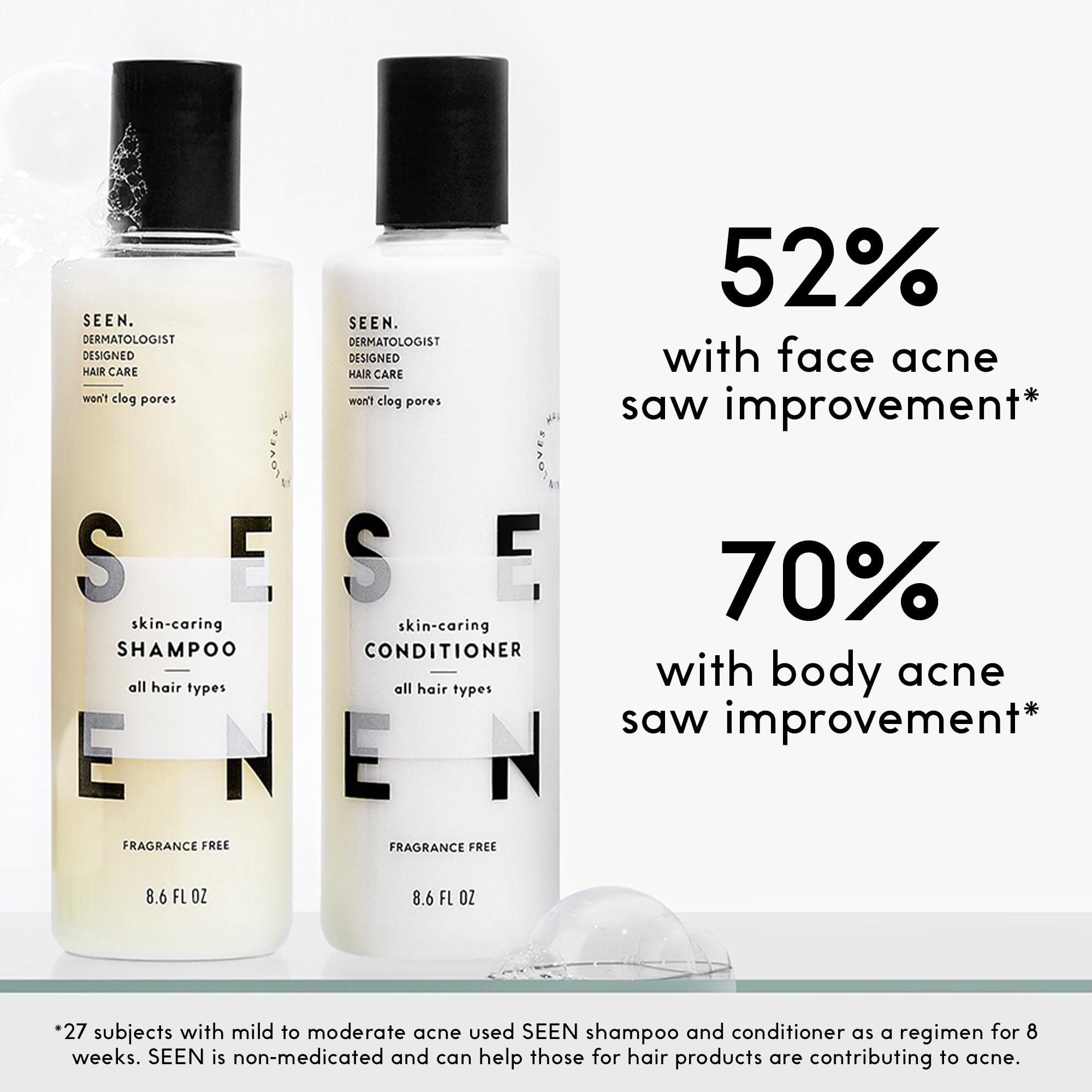 SEEN shampoo pouring from bottle, gentle cleanse that won’t strip color